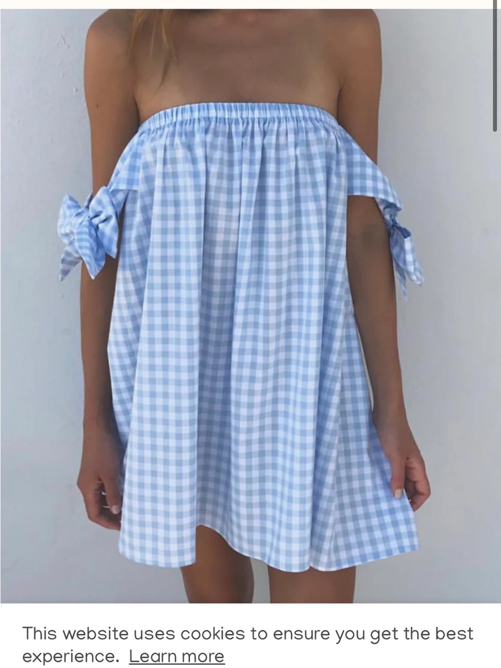 Off-Shoulder Blue Gingham Skirt Dress with Tie Sleeves